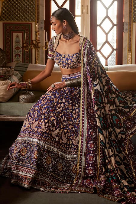 The Royaleum_Blue Silk, Crepe Lace, Pearls, Sequins Square Embellished Bridal Lehenga Set _Online_at_Aza_Fashions