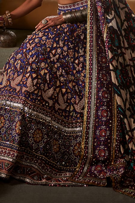 Buy_The Royaleum_Blue Silk, Crepe Lace, Pearls, Sequins Square Embellished Bridal Lehenga Set _Online_at_Aza_Fashions
