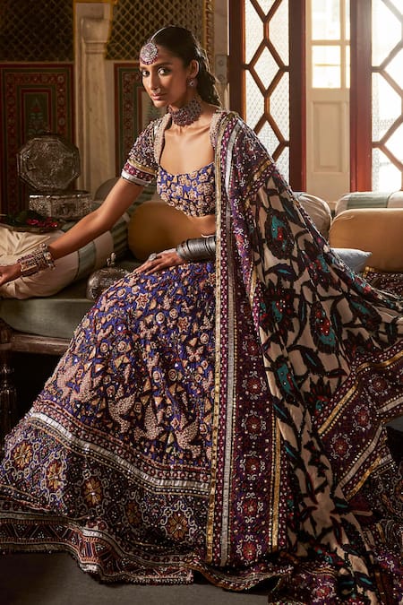 Shop_The Royaleum_Blue Silk, Crepe Lace, Pearls, Sequins Square Embellished Bridal Lehenga Set _Online_at_Aza_Fashions