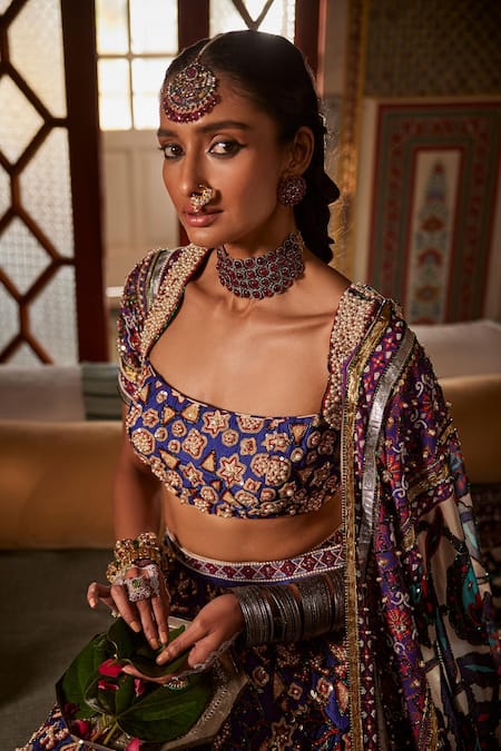 The Royaleum_Blue Silk, Crepe Lace, Pearls, Sequins Square Embellished Bridal Lehenga Set _at_Aza_Fashions