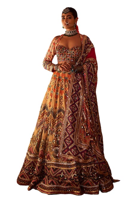 Buy The Royaleum Multi Color Silk, Crepe Jahanara Geometric Embellished Bridal Lehenga Set Online at Aza Fashions Buy_The Royaleum_Multi Color Silk, Crepe Jahanara Geometric Embellished Bridal Lehenga Set _Online_at_Aza_Fashions