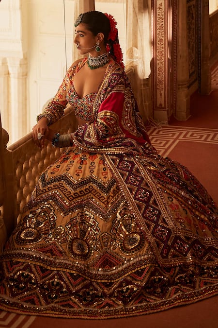 Shop The Royaleum Multi Color Silk, Crepe Jahanara Geometric Embellished Bridal Lehenga Set Online at Aza Fashions Shop_The Royaleum_Multi Color Silk, Crepe Jahanara Geometric Embellished Bridal Lehenga Set _Online_at_Aza_Fashions