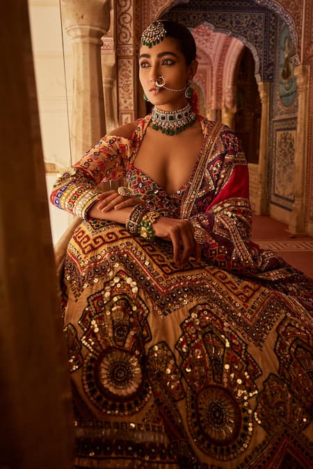 The Royaleum Multi Color Silk, Crepe Jahanara Geometric Embellished Bridal Lehenga Set at Aza Fashions The Royaleum_Multi Color Silk, Crepe Jahanara Geometric Embellished Bridal Lehenga Set _at_Aza_Fashions