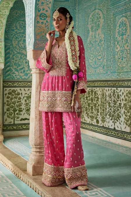 The Royaleum Pink Silk Embellished Roshnai Zari Embroidered Kurta With Palazzo  