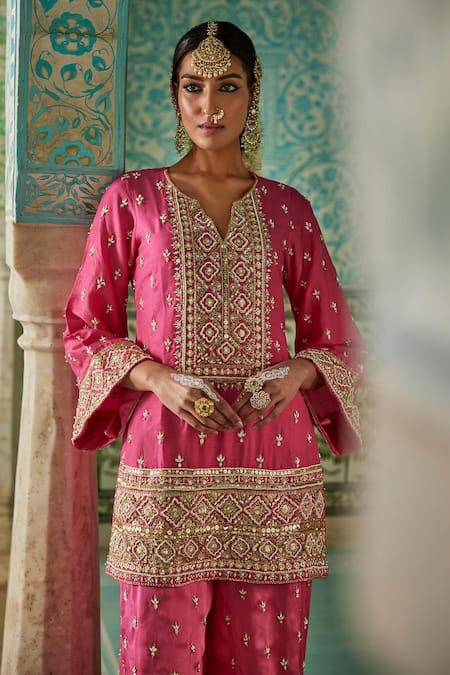 Shop The Royaleum Pink Silk Sequins, Beads, Zari Split Roshnai Embroidered Kurta With Palazzo at Aza Fashions Shop_The Royaleum_Pink Silk Sequins, Beads, Zari Split Roshnai Embroidered Kurta With Palazzo _at_Aza_Fashions