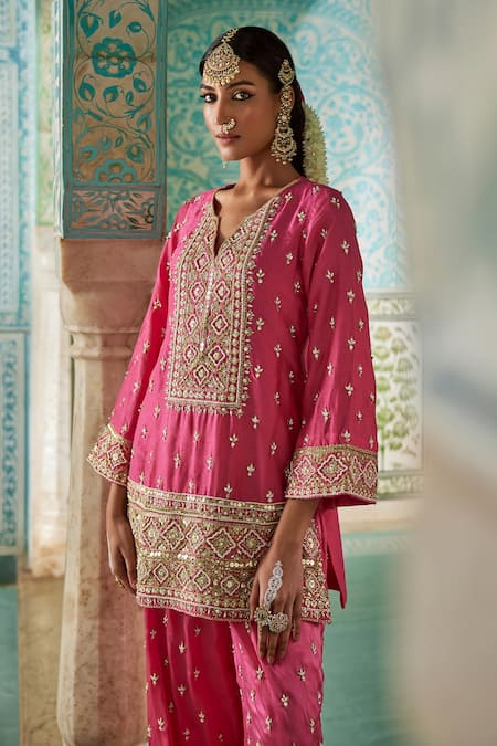 The Royaleum Pink Silk Sequins, Beads, Zari Split Roshnai Embroidered Kurta With Palazzo Online at Aza Fashions The Royaleum_Pink Silk Sequins, Beads, Zari Split Roshnai Embroidered Kurta With Palazzo _Online_at_Aza_Fashions