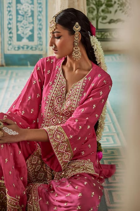Buy The Royaleum Pink Silk Sequins, Beads, Zari Split Roshnai Embroidered Kurta With Palazzo Online at Aza Fashions Buy_The Royaleum_Pink Silk Sequins, Beads, Zari Split Roshnai Embroidered Kurta With Palazzo _Online_at_Aza_Fashions