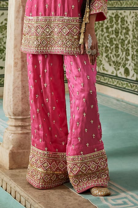 Shop The Royaleum Pink Silk Sequins, Beads, Zari Split Roshnai Embroidered Kurta With Palazzo Online at Aza Fashions Shop_The Royaleum_Pink Silk Sequins, Beads, Zari Split Roshnai Embroidered Kurta With Palazzo _Online_at_Aza_Fashions