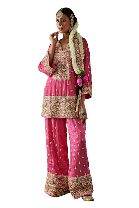 The Royaleum Pink Silk Sequins, Beads, Zari Split Roshnai Embroidered Kurta With Palazzo at Aza Fashions The Royaleum_Pink Silk Sequins, Beads, Zari Split Roshnai Embroidered Kurta With Palazzo _at_Aza_Fashions