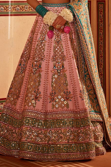 The Royaleum_Pink Silk, Crepe Sequins, Beads Square Faraar Embellished Bridal Lehenga Set _Online_at_Aza_Fashions