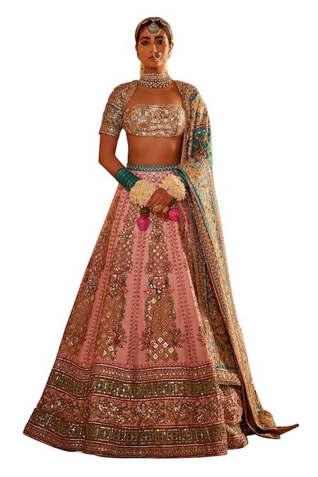 Buy_The Royaleum_Pink Silk, Crepe Sequins, Beads Square Faraar Embellished Bridal Lehenga Set _Online_at_Aza_Fashions