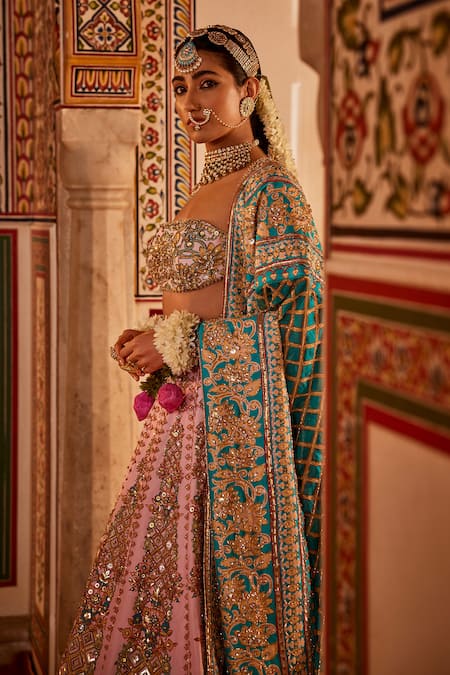 Shop_The Royaleum_Pink Silk, Crepe Sequins, Beads Square Faraar Embellished Bridal Lehenga Set _Online_at_Aza_Fashions