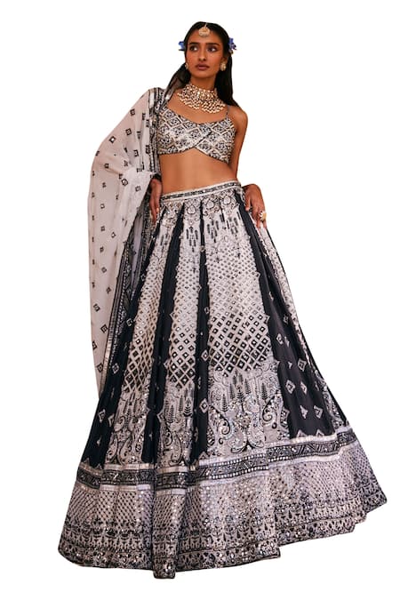 Shop The Royaleum Black Silk, Crepe Sequins, Beads Jazbaat Floral Swirl Embellished Lehenga Set Online at Aza Fashions Shop_The Royaleum_Black Silk, Crepe Sequins, Beads Jazbaat Floral Swirl Embellished Lehenga Set _Online_at_Aza_Fashions