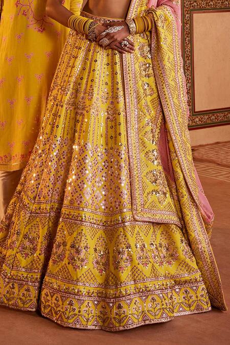 Buy_The Royaleum_Yellow Silk, Crepe Sequins, Beads Gulzaar Embellished Bridal Lehenga Set _Online_at_Aza_Fashions