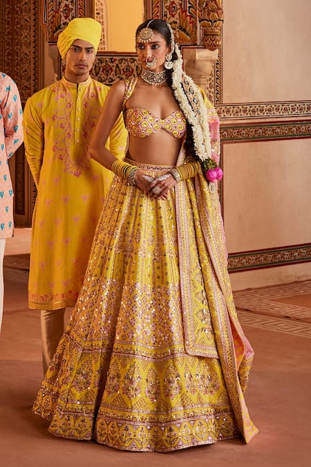 Shop_The Royaleum_Yellow Silk, Crepe Sequins, Beads Gulzaar Embellished Bridal Lehenga Set _Online_at_Aza_Fashions