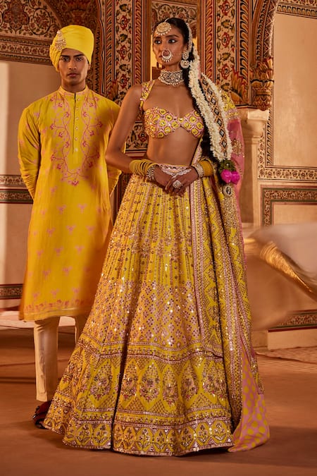 The Royaleum_Yellow Silk, Crepe Sequins, Beads Gulzaar Embellished Bridal Lehenga Set _at_Aza_Fashions