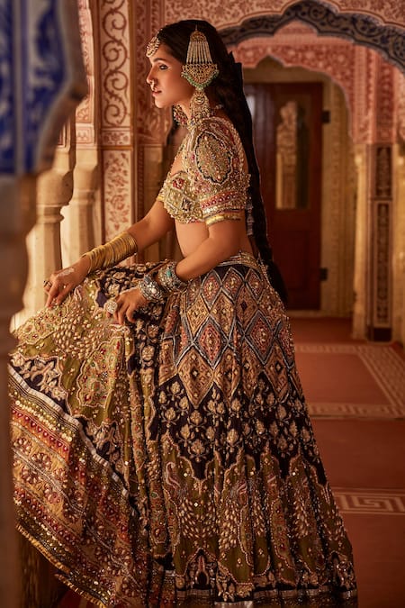 Buy The Royaleum Multi Color Silk, Crepe Beads, Riyasat Embellished Peacock Bridal Lehenga Set Buy_The Royaleum_Multi Color Silk, Crepe Beads, Riyasat Embellished Peacock Bridal Lehenga Set