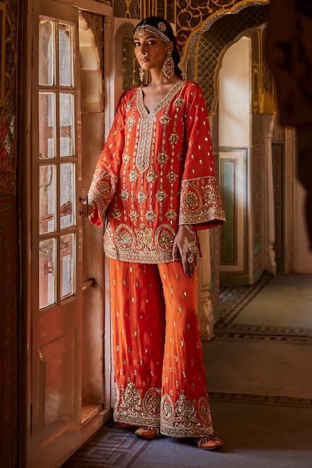 The Royaleum Orange Cotton Sequins, Beads, Zari Split Razdan Embroidered Kurta With Palazzo Online at Aza Fashions The Royaleum_Orange Cotton Sequins, Beads, Zari Split Razdan Embroidered Kurta With Palazzo _Online_at_Aza_Fashions