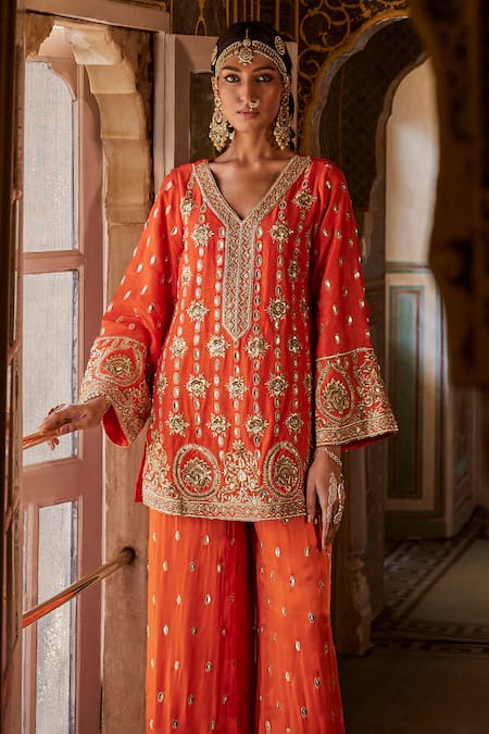 Buy The Royaleum Orange Cotton Sequins, Beads, Zari Split Razdan Embroidered Kurta With Palazzo Online at Aza Fashions Buy_The Royaleum_Orange Cotton Sequins, Beads, Zari Split Razdan Embroidered Kurta With Palazzo _Online_at_Aza_Fashions