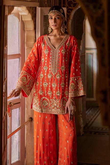 Shop The Royaleum Orange Cotton Sequins, Beads, Zari Split Razdan Embroidered Kurta With Palazzo Online at Aza Fashions Shop_The Royaleum_Orange Cotton Sequins, Beads, Zari Split Razdan Embroidered Kurta With Palazzo _Online_at_Aza_Fashions