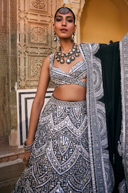 The Royaleum Black Silk, Crepe Sequins, Beads, Sheesha Embellished Scallop Lehenga Set at Aza Fashions The Royaleum_Black Silk, Crepe Sequins, Beads, Sheesha Embellished Scallop Lehenga Set _at_Aza_Fashions