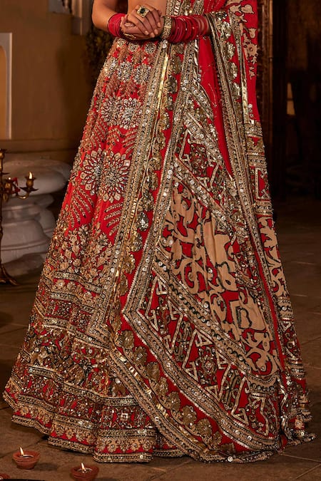 Shop_The Royaleum_Red Silk, Crepe Sequins, Beads, Nagma Floral Embellished Bridal Lehenga Set _Online_at_Aza_Fashions