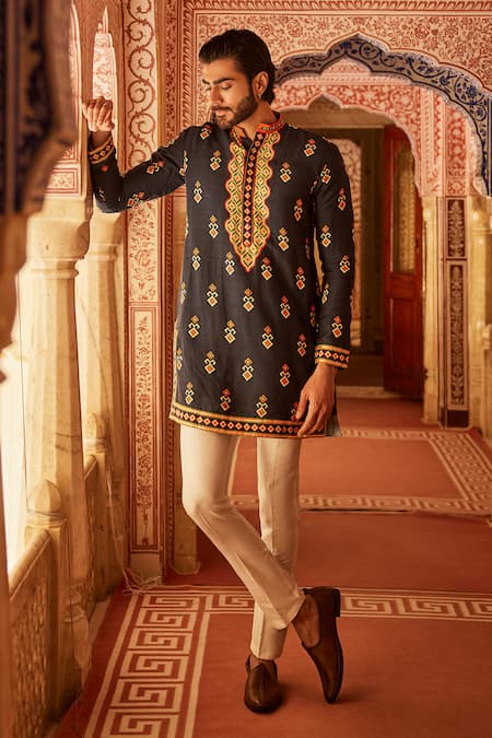 The Royaleum_Black Silk Gota Patti Blue Geometric Print Kurta _Online_at_Aza_Fashions