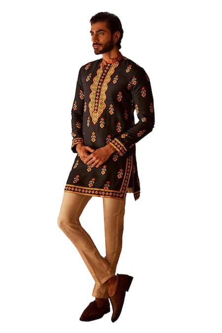 The Royaleum_Black Silk Gota Patti Blue Geometric Print Kurta _at_Aza_Fashions
