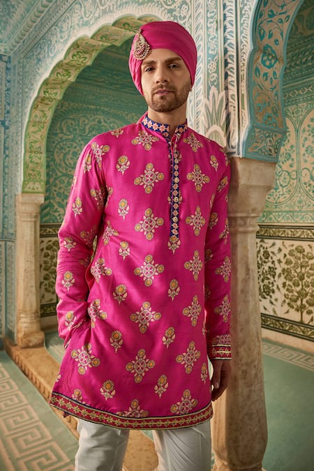 The Royaleum_Pink Silk Gota Patti, Embroidery Revan Floral Butti Print Kurta _Online_at_Aza_Fashions