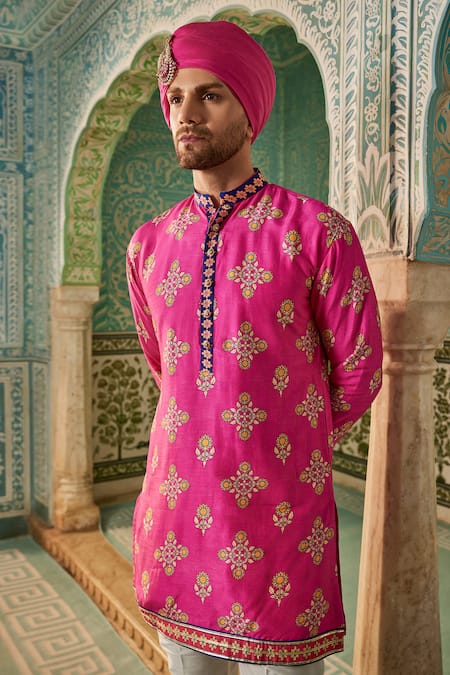 Buy_The Royaleum_Pink Silk Gota Patti, Embroidery Revan Floral Butti Print Kurta _Online_at_Aza_Fashions