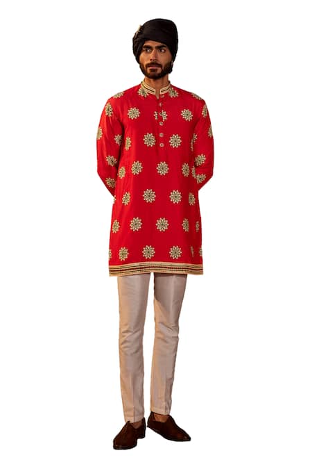 The Royaleum_Red Silk Embroidery, Gota Patti Floral Kurta With Pant _Online_at_Aza_Fashions