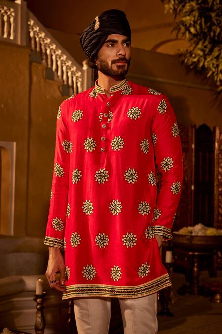 Shop_The Royaleum_Red Silk Embroidery, Gota Patti Floral Kurta With Pant _Online_at_Aza_Fashions