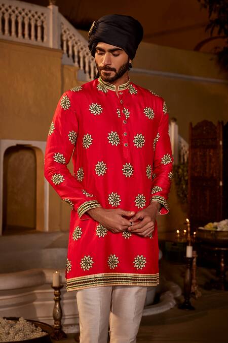 The Royaleum_Red Silk Embroidery, Gota Patti Floral Kurta With Pant _at_Aza_Fashions