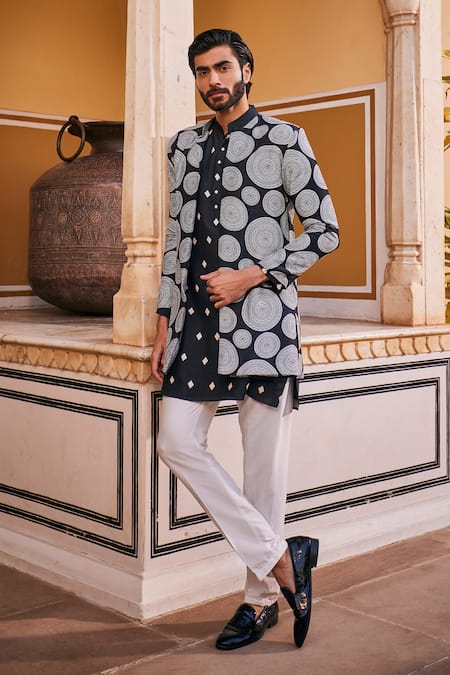 Shop The Royaleum Black Silk And White Mandala Print Kurta Set at Aza Fashions Shop_The Royaleum_Black Silk And White Mandala Print Kurta Set _at_Aza_Fashions
