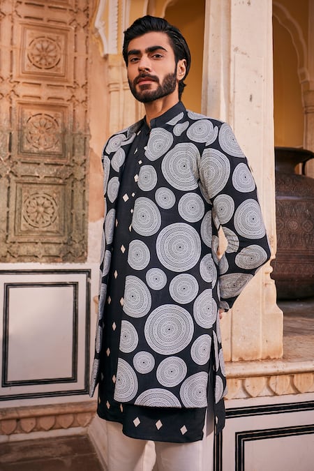 Shop The Royaleum Black Silk And White Mandala Print Kurta Set Online at Aza Fashions Shop_The Royaleum_Black Silk And White Mandala Print Kurta Set _Online_at_Aza_Fashions