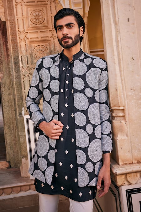 The Royaleum Black Silk And White Mandala Print Kurta Set at Aza Fashions The Royaleum_Black Silk And White Mandala Print Kurta Set _at_Aza_Fashions