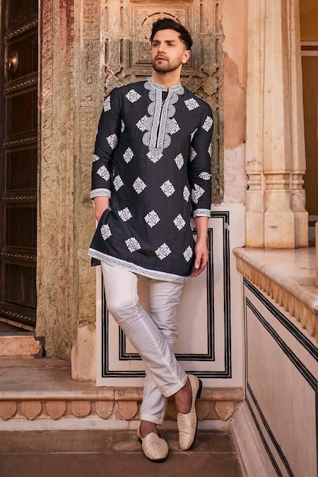 Shop The Royaleum Black Silk Gota Patti And White Floral Print Kurta Set at Aza Fashions Shop_The Royaleum_Black Silk Gota Patti And White Floral Print Kurta Set _at_Aza_Fashions