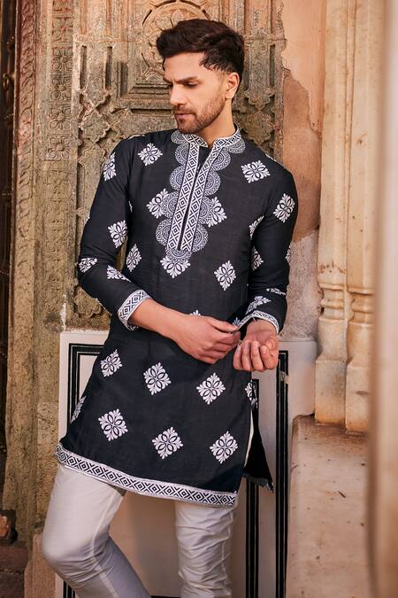 Shop The Royaleum Black Silk Gota Patti And White Floral Print Kurta Set Online at Aza Fashions Shop_The Royaleum_Black Silk Gota Patti And White Floral Print Kurta Set _Online_at_Aza_Fashions