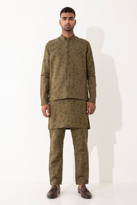 Shop Son Of A Noble Snob Brown Linen Polka Dot Bundi And Kurta Set Shop_Son Of A Noble Snob_Brown Linen Polka Dot Bundi And Kurta Set