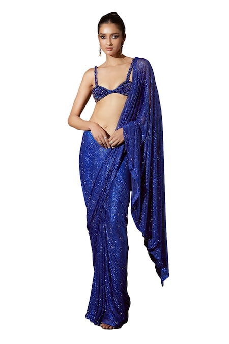 Itrh Blue Net Crystals, Stones Bastet Embellished Pre-stitched Saree With Blouse Online at Aza Fashions Itrh_Blue Net Crystals, Stones Bastet Embellished Pre-stitched Saree With Blouse _Online_at_Aza_Fashions