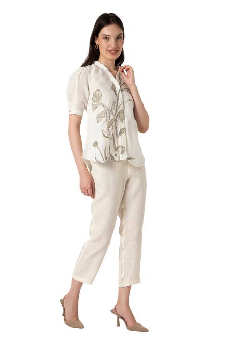 Kaveri_Off White 100% Linen Printed Dainty Bloom V Tulip Top And Pant Set  _Online_at_Aza_Fashions