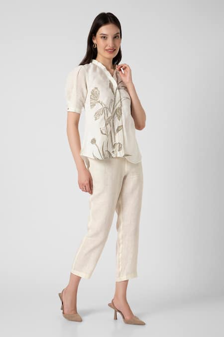 Buy_Kaveri_Off White 100% Linen Printed Dainty Bloom V Tulip Top And Pant Set  _Online_at_Aza_Fashions