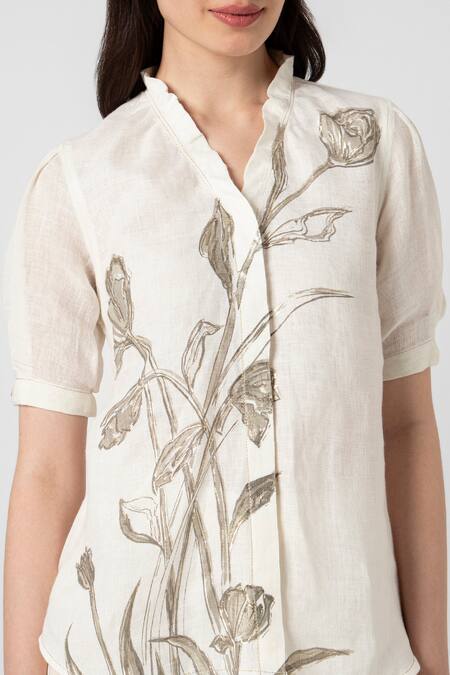 Kaveri_Off White 100% Linen Printed Dainty Bloom V Tulip Top And Pant Set  _at_Aza_Fashions