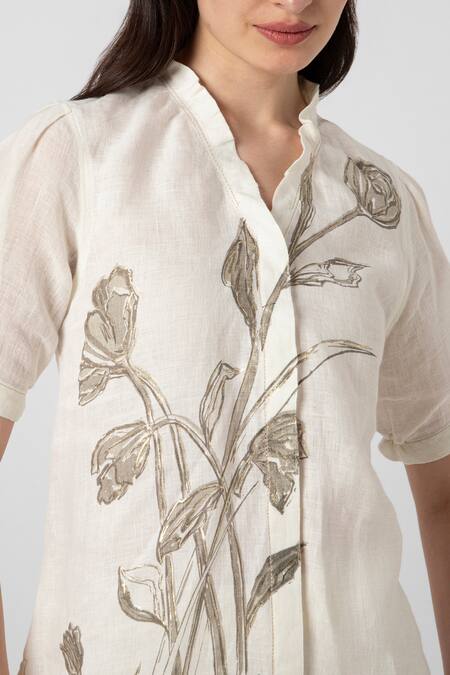 Buy_Kaveri_Off White 100% Linen Printed Dainty Bloom V Tulip Top And Pant Set  