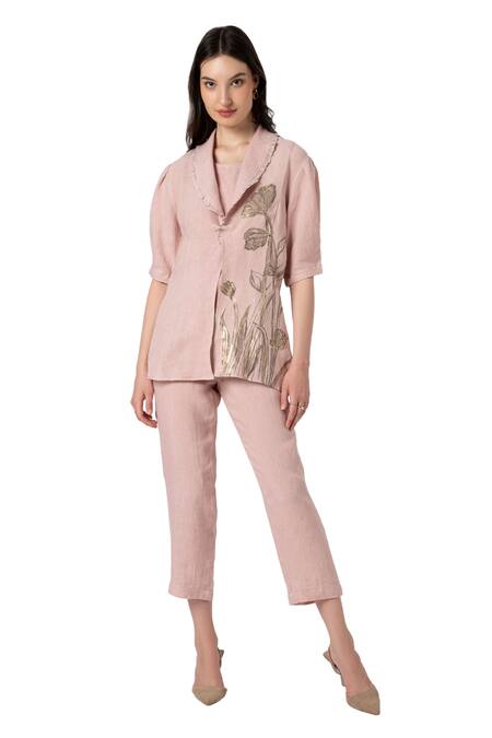 Kaveri_Pink 100% Linen Printed Dainty Bloom Shawl Tulip Blazer Pant Set  _Online_at_Aza_Fashions