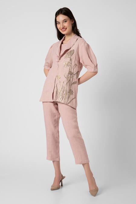 Buy_Kaveri_Pink 100% Linen Printed Dainty Bloom Shawl Tulip Blazer Pant Set  _Online_at_Aza_Fashions