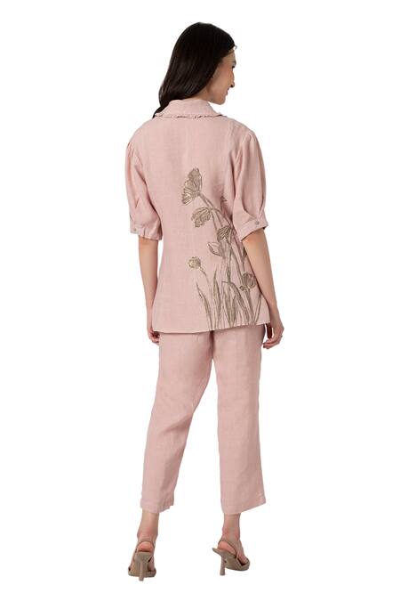 Shop_Kaveri_Pink 100% Linen Printed Dainty Bloom Shawl Tulip Blazer Pant Set  _Online_at_Aza_Fashions