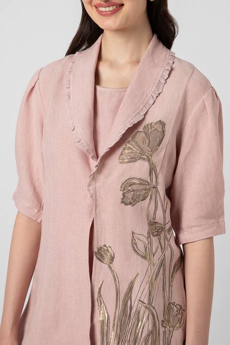 Kaveri_Pink 100% Linen Printed Dainty Bloom Shawl Tulip Blazer Pant Set  _at_Aza_Fashions