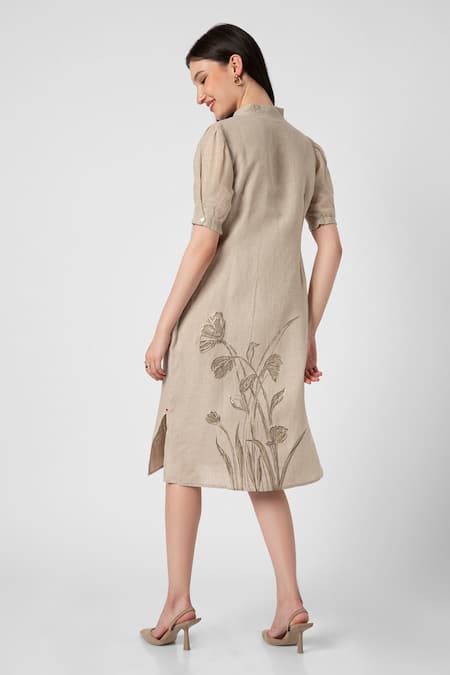 Shop Kaveri Beige Linen Embroidery, Zari V-neck Tulip Pencil Wave Printed Dress at Aza Fashions Shop_Kaveri_Beige Linen Embroidery, Zari V-neck Tulip Pencil Wave Printed Dress _at_Aza_Fashions