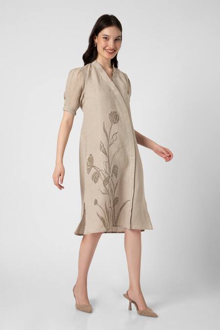 Kaveri Beige Linen Embroidery, Zari V-neck Tulip Pencil Wave Printed Dress Online at Aza Fashions Kaveri_Beige Linen Embroidery, Zari V-neck Tulip Pencil Wave Printed Dress _Online_at_Aza_Fashions